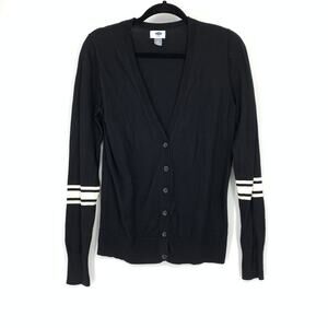 Old Navy Button Front V-Neck Cardigan Sweater Womens Sz MT Black White Striped
